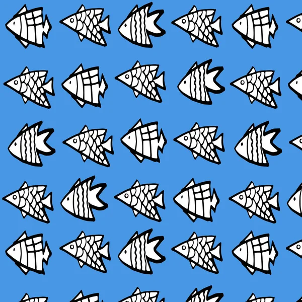 Nahtloses Muster mit schwarzen und weißen Fischen auf blauem Hintergrund. — Stockvektor