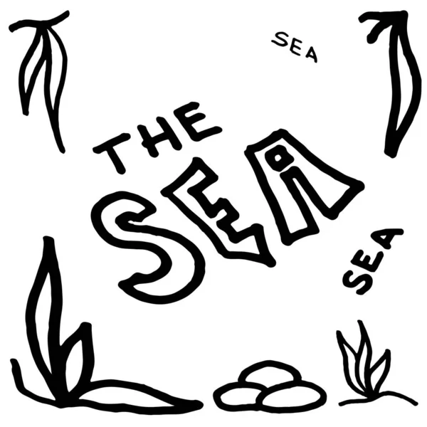 Schwarz-weißer handgezeichneter Schriftzug. das Meer im Rahmen Algen und Felsen. — Stockvektor