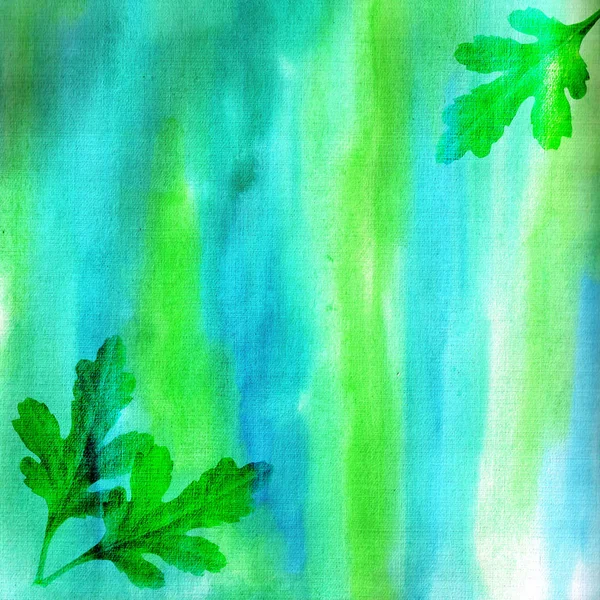 Przezroczyste liście dębu na niebiesko-zielonym tle akwareli. — Zdjęcie stockowe