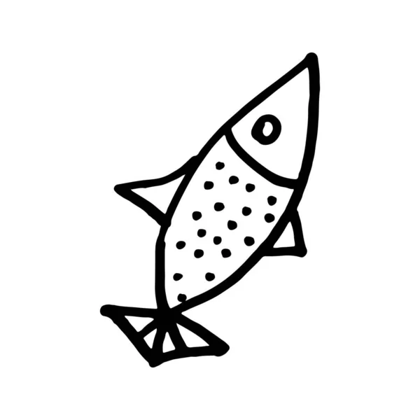 Desenhado à mão ilustração do esboço do doodle do mar preto e branco. Peixe pequeno . — Vetor de Stock