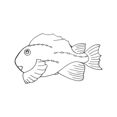 Siyah ve beyaz balıklar resim çiziyor. Su altı dünyası. El yapımı deniz ve okyanus hayvanları. Beyaz arkaplanda balık silueti.