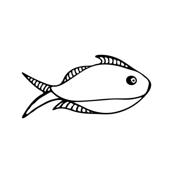 黒と白の魚の落書きのスケッチイラスト 水中世界 手描きの海と海の動物 白地に魚のシルエット — ストックベクタ