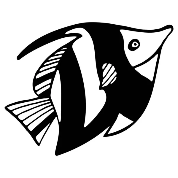 Ilustração Esboço Doodle Peixe Preto Branco Mundo Subaquático Animais Marinhos — Vetor de Stock