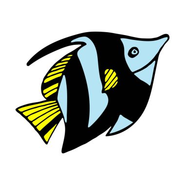 Etiket ve gömlek için el çizimi izole edilmiş balık vektör çizimi. Siyah ve mavi çizgili küçük şirin çizgi film balığı..