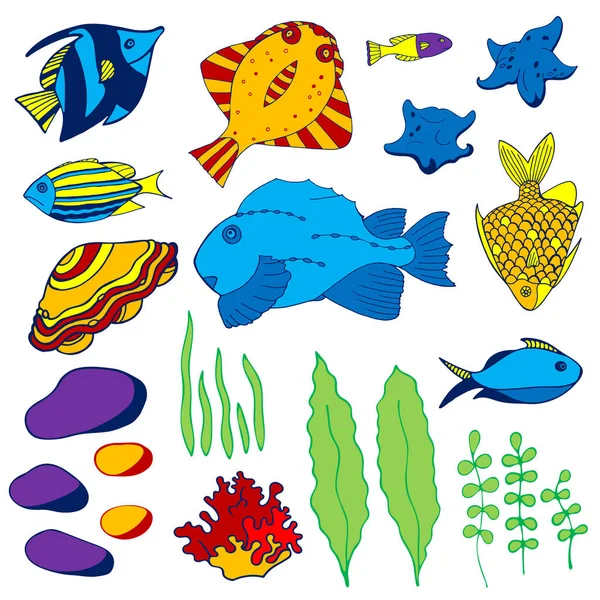 Conjunto Peces Dibujos Animados Acuario Algas Marinas Concha Marina Piedras — Vector de stock