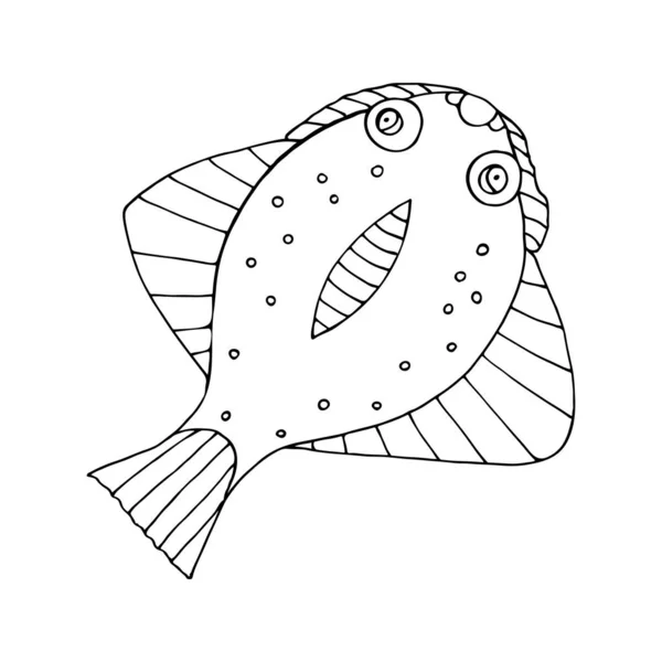 Peces Mar Blanco Negro Vector Dibujos Animados Doodle Ilustración Objeto — Archivo Imágenes Vectoriales