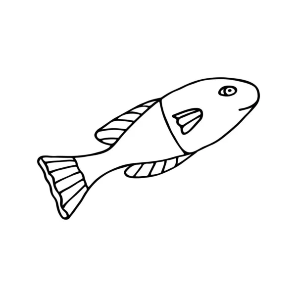 Black White Sea Fish Vector Doodle Cartoon Sketch Illustration Isolado — Vetor de Stock