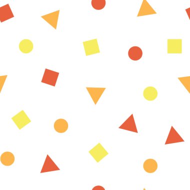 Çemberler, üçgenler ve karelerle soyut ve pürüzsüz desen. Tekstil, çocuklar, bebek, duvar kağıtları için beyaz arkaplanda vektör renkli basit şekiller.