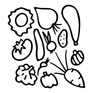 Siyah ve beyaz el yapımı sebzeler. Lahana, pancar, patlıcan, patates, soğan, salatalık, domates, karnabahar, turp, tatlı biber havucu ve sarımsak..