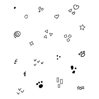 Beyaz arkaplanda dekorasyon ve desenler için elle çizilmiş siyah elementler.