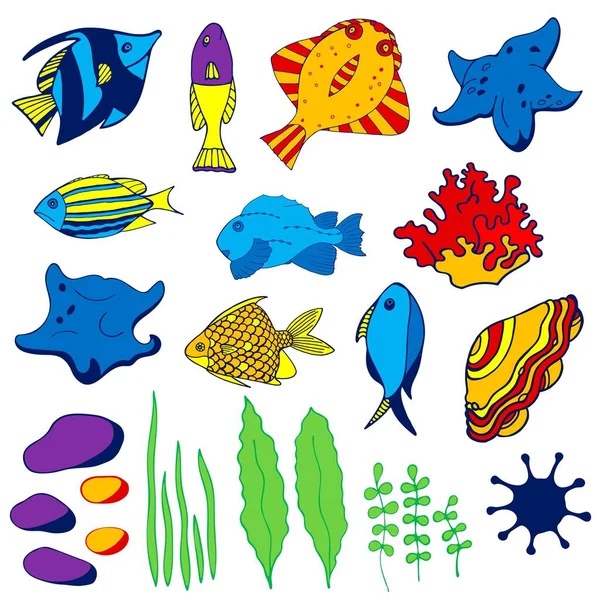 Conjunto Peces Dibujos Animados Acuario Algas Marinas Concha Marina Piedras — Vector de stock