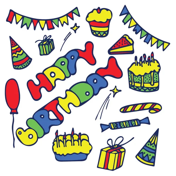 Bunte Happy Birthday Card Vector Illustration. Handgezeichnete Doodle-Sammlung. — Stockvektor