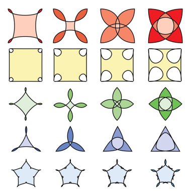Renkli, soyut çiçekler ve çerçeveler. Sihirli geometri işaretleri koleksiyonu. Mühürler ve mistik simgeler. Oyun tasarımı için, oyun kullanıcı arayüzü için cinler ayarlandı. Vektör varlığı.