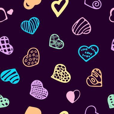 Pastel Hearts Purpur Arkaplanda Kusursuz Kalıp. Düz Kalp Sembolünün Vektör İllüstrasyonu. Aşk kavramının grafiksel tasarımı. Sevgililer Günü için Aşk Sembolü.