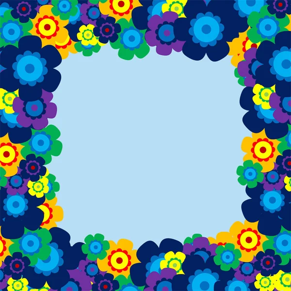 Farbige Einfache Blumenstrauß Auf Blauem Hintergrund Rahmen Mit Dekoration Karte — Stockvektor