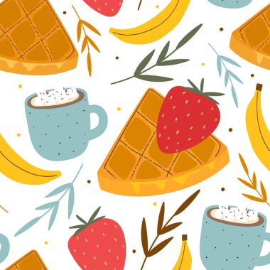 Waffle, baskı, tekstil ve kumaş için kusursuz bir desen oluşturur. Kakaolu tatlı ve marşmelov arkaplan.