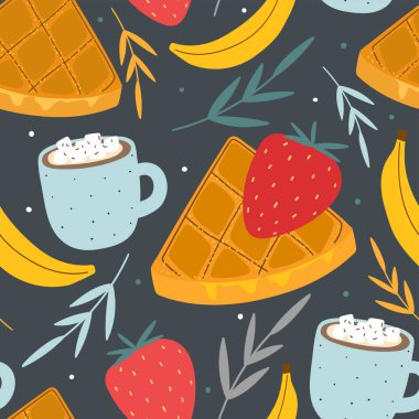 Waffle, baskı, tekstil ve kumaş için kusursuz bir desen oluşturur. Kakaolu tatlı ve marşmelov arkaplan.