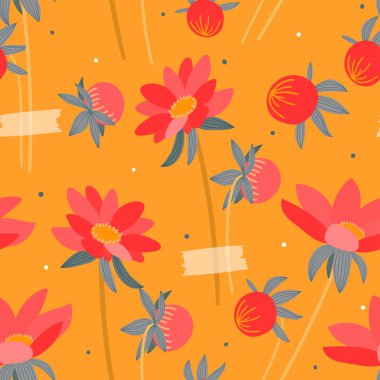 Parmak izi, tekstil ve kumaş için el çizimi, kusursuz desen. Dekoratif çiçekli modern arkaplan.