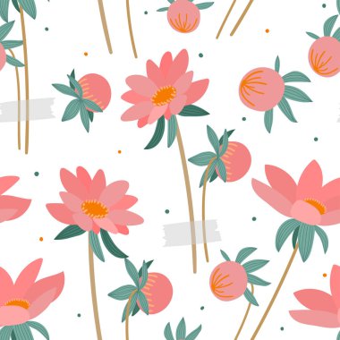 Parmak izi, tekstil ve kumaş için el çizimi, kusursuz desen. Dekoratif çiçekli modern arkaplan.