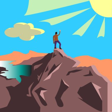 Dağın zirvesinde güneşin önünde duran insanın vektör çizimi.