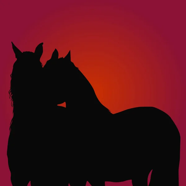 Ilustração vetorial de dois amantes de cavalos brincando alegremente nos campos ao pôr-do-sol. É uma imagem que mostra o amor bonito . — Vetor de Stock