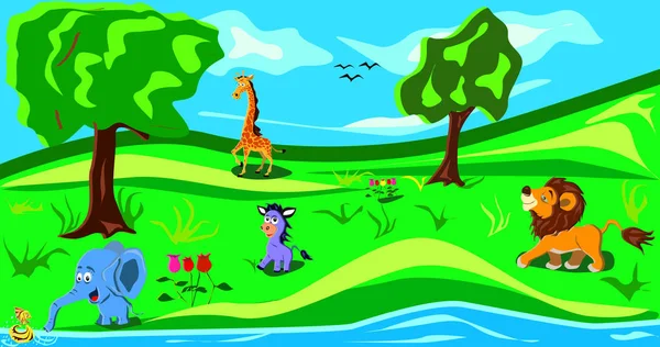 Zvířata v lese. Vtipné kreslené a vektorové ilustrace, izolované objekty.Existují slon, lev, žirafa, poník a ryby. Vektorová ilustrace — Stockový vektor