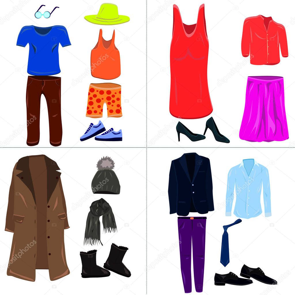 Conjunto de coleccion de moda de vestuario de mujer hombre. Varias prendas de vestir Conjunto de hombres y mujeres planas ropa y accesorios iconos Ilustracion vectorial sobre fondo blanco Vector
