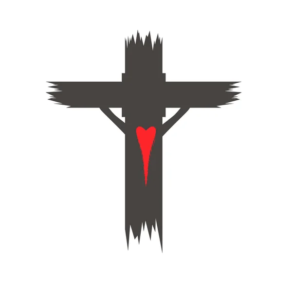 Ручная Черная Икона Гранж Креста Сердцем Посередине Простой Христианский Крест — стоковый вектор