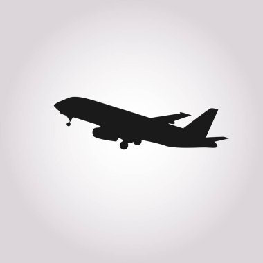 Uçak ikonu vektörü, katı logo çizimi, gri üzerine izole edilmiş piktogram. Basit vektör illüstrasyonu.