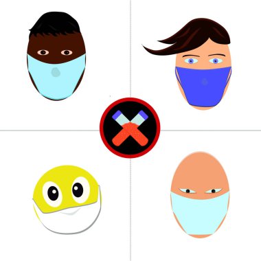 Tıbbi yüz maskesi simgeleri olan insanlar beyaz arka plana izole edilmiş. Koronavirüs salgını maskesi takmış farklı karakterler. İllüstrasyonun vektör kümesi.