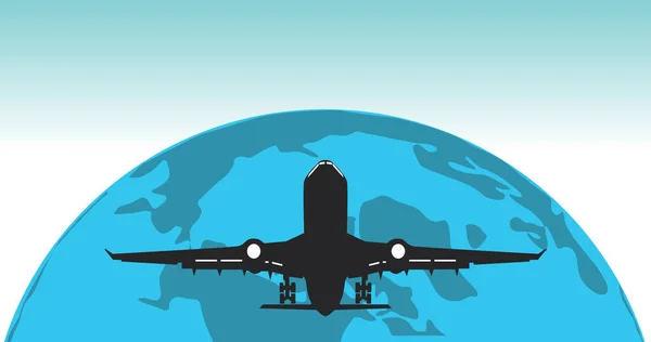 Welt-Globus-Reiseabzeichen mit Hintergrund airplane.Vector Illustration — Stockvektor