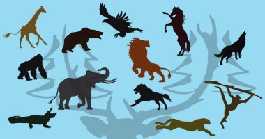 Yaratıcı arka planda karikatür tarzında büyük bir Afrika ve Avrupa hayvan silueti. Vektör illüstrasyonu