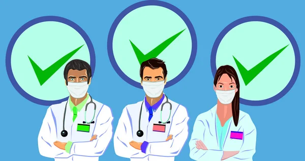 Ärzte mit Gesichtsmaske kämpfen gegen Covid-19, Coronavirus-Krankheit, Gesundheitsfürsorge und Sicherheit, Häkchen im Hintergrund, Vektorillustration — Stockvektor