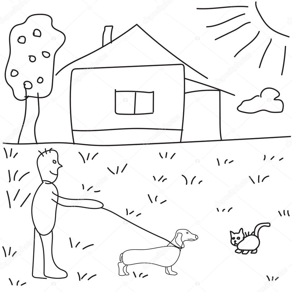 Boy with dog and cat. Continuous line drawing. Vector illustration on white background.EPS 10