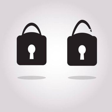 Asma kilit simgesi. Kapalı ve açık kapı kilidi. Ön manzara. Vektör grafik çizimi. Beyaz arka planda izole bir nesne. İzole et. EPS 10