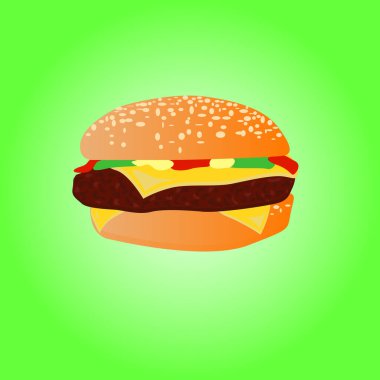 Şekillendirilmiş hamburgerin veya çizburgerin vektör çizimi. Fast food yemeği. Yeşil arkaplanda izole.