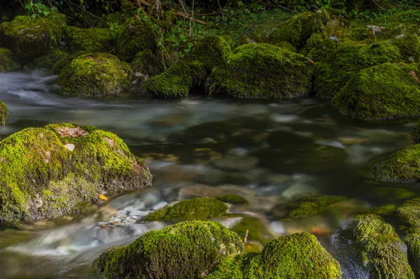 Příval Vysoké Horské Vody Mechem Hedvábným Efektem Vodě — Stock fotografie