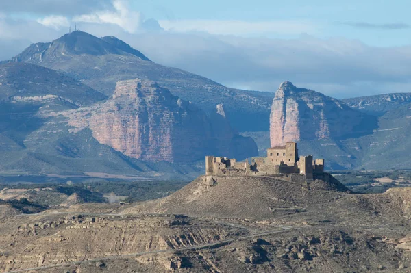 Vista Del Castillo Montearagon Con Salto Roldan Fondo Huesca — Foto de Stock