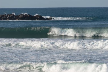 San Sebastian 'ın Zurriola plajında sörf tahtasıyla dalgaların üzerinde kayıyordu.
