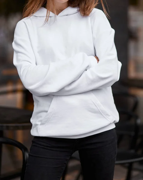 Young Woman White Hoodie Folded Hands Close Mockup Copyspace — 스톡 사진
