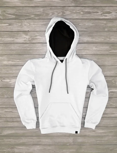 White Hoodie Wooden Background Copyspace — 스톡 사진