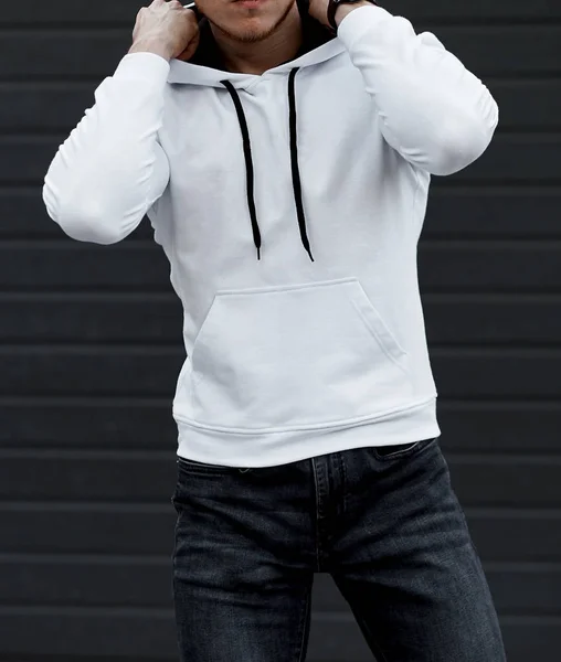 Young Man White Hoodie Mockup Copyspace — Stock Photo, Image