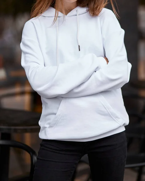 Young Woman White Hoodie Folded Hands Close Mockup Copyspace — 스톡 사진