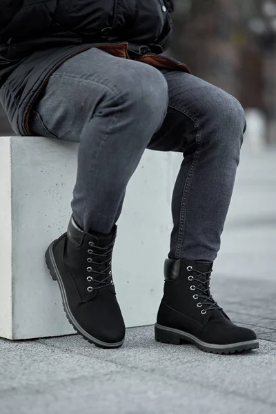 Sitting Man Legs Black Suede Plain Boots — Stock Photo, Image