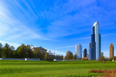 Önünde yeşil çimenler olan Chicago gökdelenleri