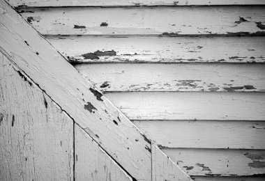 Eski ahır kaplamasında beyaz boya soyuluyor.