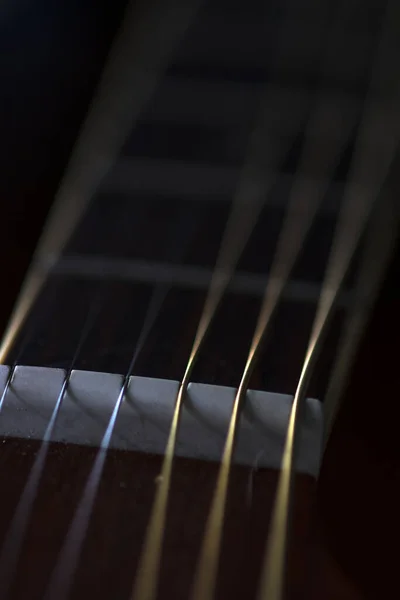Gitarrensaiten und Steg aus nächster Nähe — Stockfoto