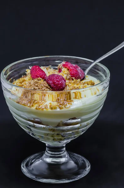 çikolata parçaları ile tepesinde vanilyalı cam yemekler, pudingle sütü