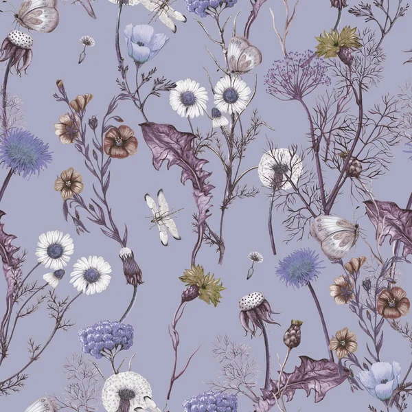 Akwarela Bezszwowy Wzór Ręcznie Rysowane Dzikie Kwiaty Bezszwowy Wzór Botaniczny — Zdjęcie stockowe