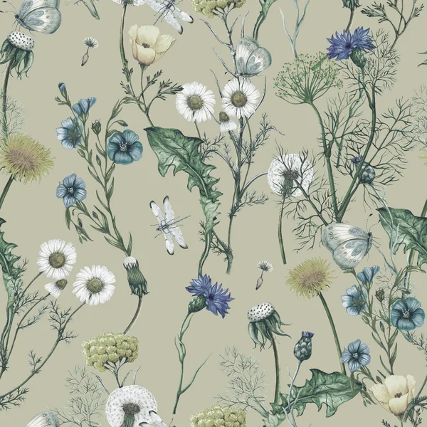 Akvarel Bezešvný Vzor Ručně Kreslené Divoké Květiny Bezešvé Botanický Vzor — Stock fotografie